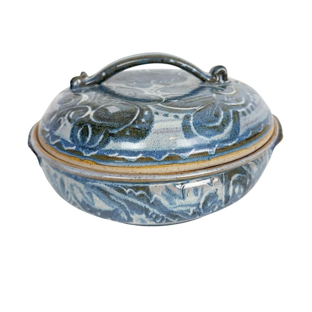 Signed Studio Pottery Blue Floral Sgraffito Lidded Casserole Serving Dish